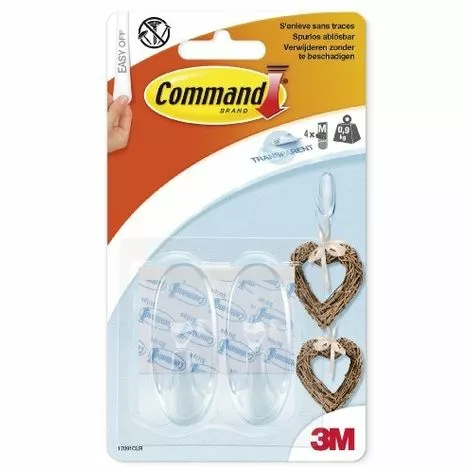 COMMAND 17091CLR LOT DE 2 CROCHETS + 4 BANDES ADHÉSIVES TRANSPARENT TAILLE M CHARGE MAX. 0,9 KG 1 COMMAND 17091CLR LOT DE 2 CROCHETS + 4 BANDES ADHÉSIVES TRANSPARENT TAILLE M CHARGE MAX. 0,9 KG