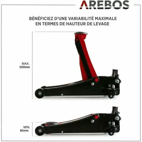 AREBOS Cric Hydraulique 3 Tonnes | Cric De Service Profil Bas 75 - 505 Mm | Dual Pompe | Avec 3 Patins En Caoutchouc Et Tige De Levier | Grande Bride De Fixation - Noir / Rouge 3 AREBOS Cric Hydraulique 3 Tonnes | Cric De Service Profil Bas 75 - 505 Mm | Dual Pompe | Avec 3 Patins En Caoutchouc Et Tige De Levier | Grande Bride De Fixation - Noir / Rouge – Image 3