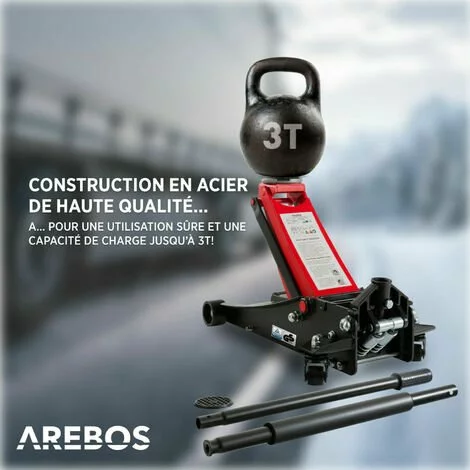 AREBOS Cric Hydraulique 3 Tonnes | Cric De Service Profil Bas 75 - 505 Mm | Dual Pompe | Avec 3 Patins En Caoutchouc Et Tige De Levier | Grande Bride De Fixation - Noir / Rouge 4 AREBOS Cric Hydraulique 3 Tonnes | Cric De Service Profil Bas 75 - 505 Mm | Dual Pompe | Avec 3 Patins En Caoutchouc Et Tige De Levier | Grande Bride De Fixation - Noir / Rouge – Image 4