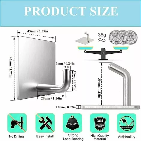 BRIDAY 4PCS Crochet Adhésif, Crochet Imperméable Et Résistant En Acier Inoxydable Pour Salle De Bain, Cuisine, Mur, Porte, Armoire 2 BRIDAY 4PCS Crochet Adhésif, Crochet Imperméable Et Résistant En Acier Inoxydable Pour Salle De Bain, Cuisine, Mur, Porte, Armoire – Image 2