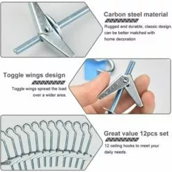 SUPERMARKET 12 Pcs Crochets De Plafond M5 / 90mm Crochet De Fixation Au Plafond En Acier Au Carbone Ressorts A Bascule Aile Boulons Crochets De Plafond Antirouille Pour Plafond Plantes Mur Maison，Superma -Treuil, cric, palan et accessoires Soldes Boutique 47157259 3