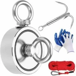 CADEAUX Aimant Puissant Double Face De Pêche Aimant Néodyme Super Puissant 75 Mm 435 Kg Aimant De Pêche Avec Crochet 20 M Mousqueton De Corde Paire De Gants