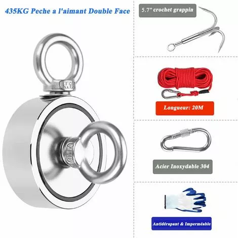 CADEAUX Aimant Puissant Double Face De Pêche Aimant Néodyme Super Puissant 75 Mm 435 Kg Aimant De Pêche Avec Crochet 20 M Mousqueton De Corde Paire De Gants 2 CADEAUX Aimant Puissant Double Face De Pêche Aimant Néodyme Super Puissant 75 Mm 435 Kg Aimant De Pêche Avec Crochet 20 M Mousqueton De Corde Paire De Gants – Image 2