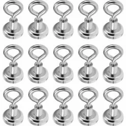 EINEMGELD Lot De 15 Crochets Magnétiques En Néodyme 16 Mm - Très Puissants - Avec Crochet Magnétique - Pour Cuisine, Salle De Bain, Garage, Bureau, Réfrigérateur