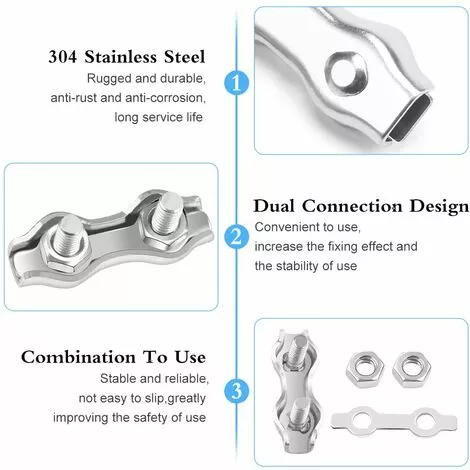 YEURIé M4 Duplex Clips Serre-Câbles, 10 Pièces Pinces De Câble Métallique Duplex En Acier Inoxydable 304, Câble à Pince 4mm Pour Cordes à Linge En Câble Métallique 2 YEURIé M4 Duplex Clips Serre-Câbles, 10 Pièces Pinces De Câble Métallique Duplex En Acier Inoxydable 304, Câble à Pince 4mm Pour Cordes à Linge En Câble Métallique â Image 2