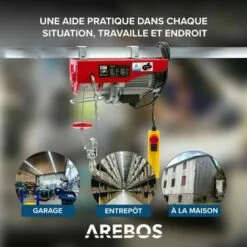 AREBOS Treuil Palan électrique | 300/600 Kg | 1050W | Treuil Palan à Chaine à Levier | Treuil Palan à Ascenseur Levage Pour Avec Télécommande, Pour Chariot Élévateur, Entrepôts, Chantiers - Rouge -Treuil, cric, palan et accessoires Soldes Boutique 7557610 4