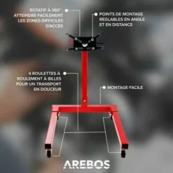 AREBOS Support Moteur | Support De Boîte De Vitesses | Moteur 570 Kg | Béquille De Montage | 360° Pivotant | Rouge | Sur Roulement à Billes | Robuste - Rouge -Treuil, cric, palan et accessoires Soldes Boutique 7804041 3