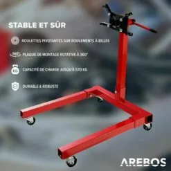 AREBOS Support Moteur | Support De Boîte De Vitesses | Moteur 570 Kg | Béquille De Montage | 360° Pivotant | Rouge | Sur Roulement à Billes | Robuste - Rouge -Treuil, cric, palan et accessoires Soldes Boutique 7804041 4